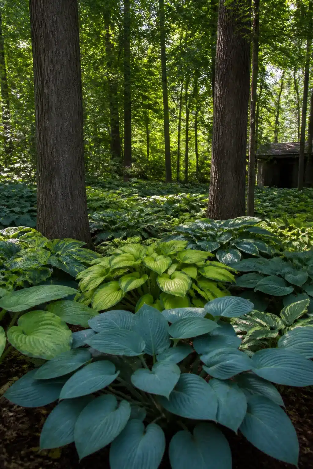 Woodland garden without ferns featuring blue-green and chartreuse hostas massed under a tall dappled tree canopy.