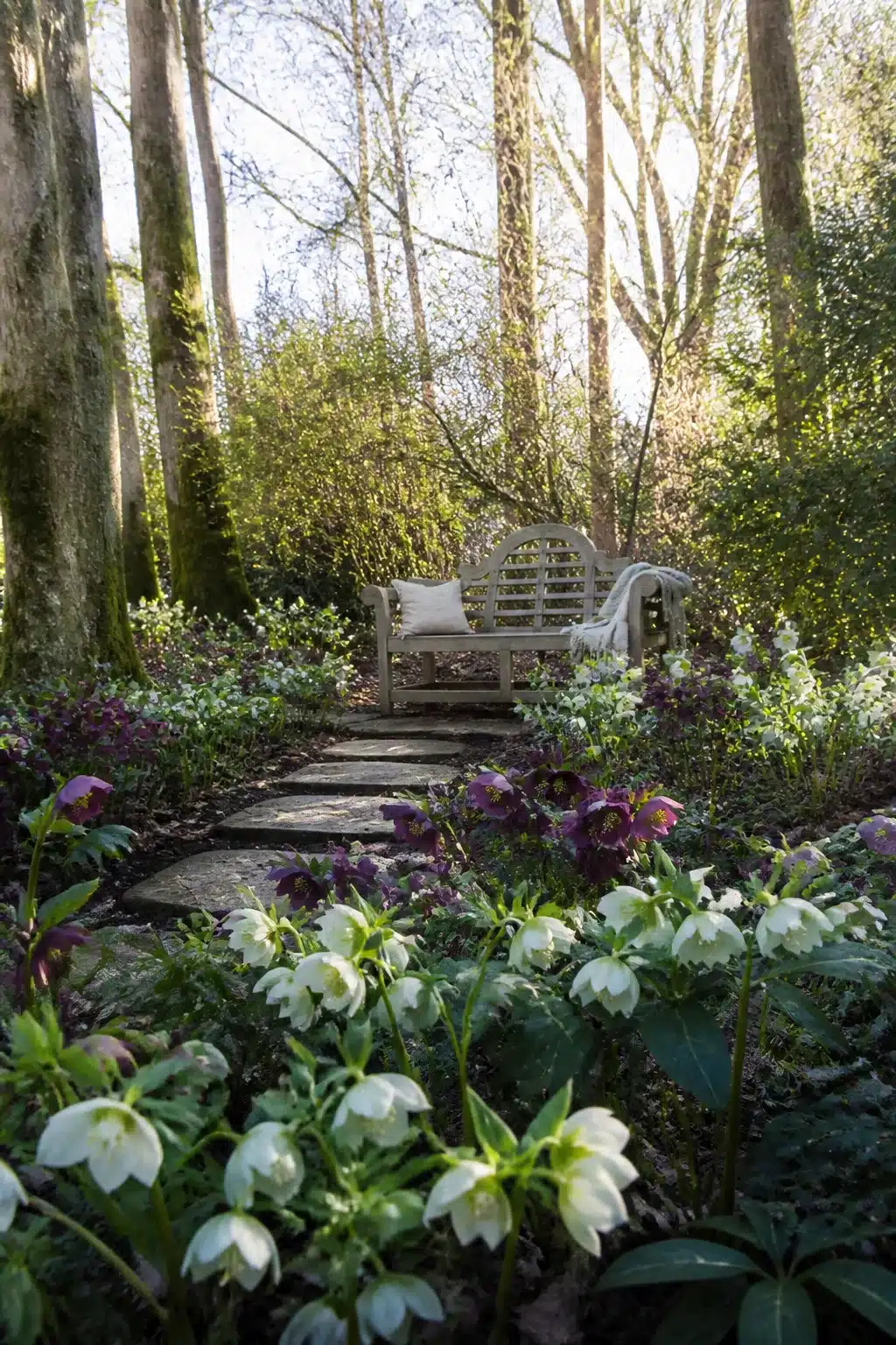 Hellebore drifts lining a stone path in a woodland garden without ferns, with dappled light and a bench.