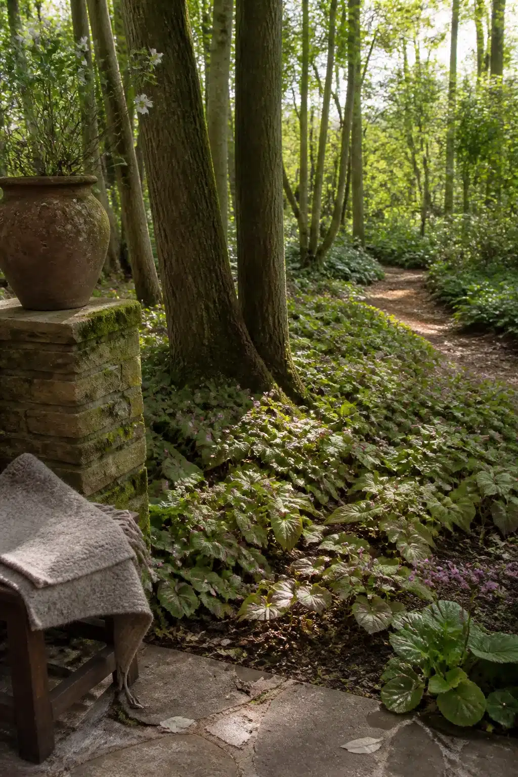 Epimedium groundcover beneath tall trees in a woodland garden without ferns, with dappled light and stone path