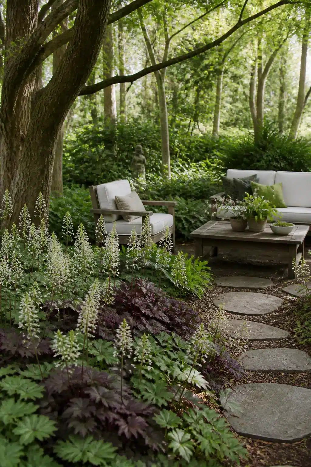 Foam flower spikes and coral bells in a shady woodland garden without ferns, with stone steppers and wood seating