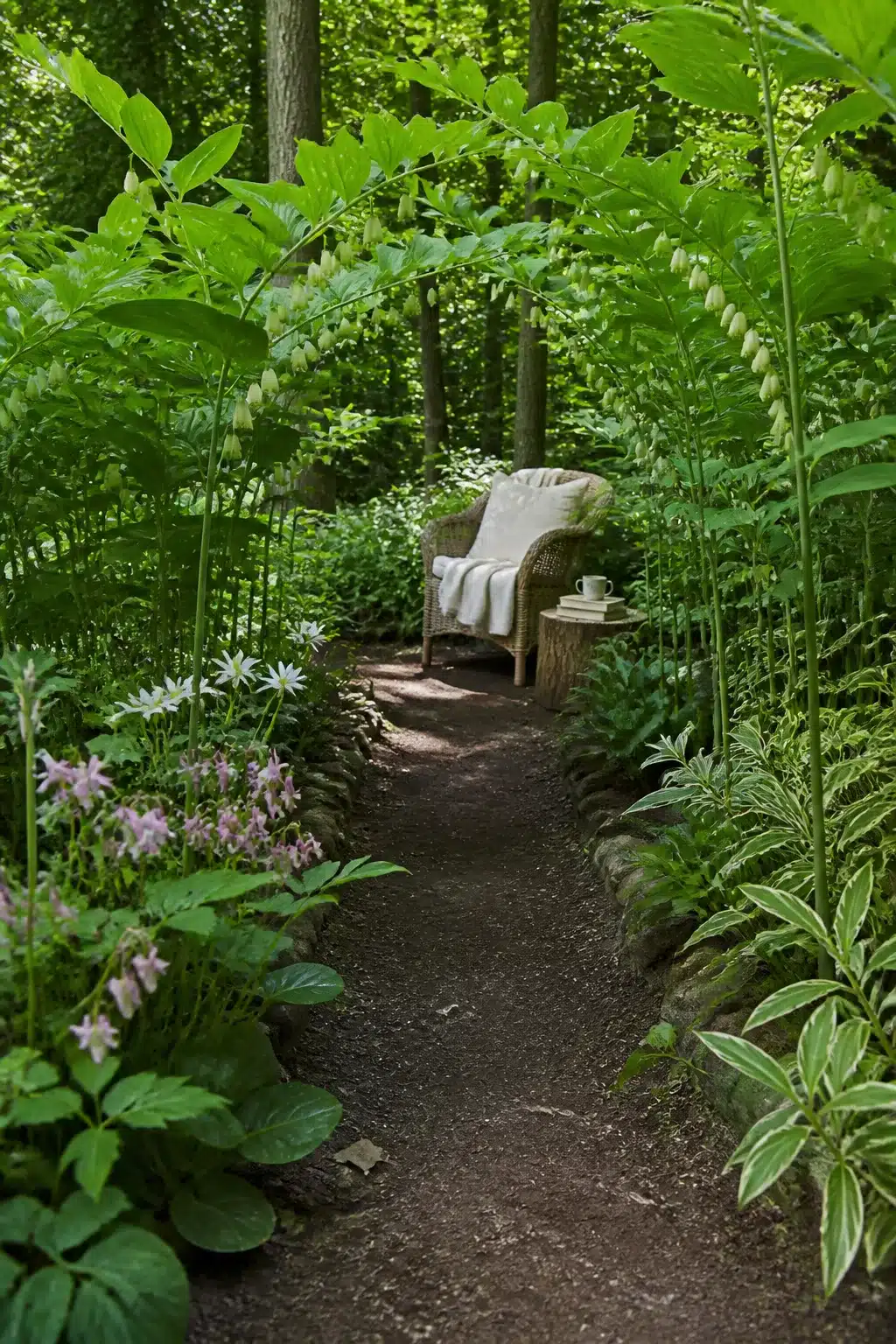 Solomon's seal arching over a shaded dirt path in a woodland garden without ferns, with a wicker chair at the end.