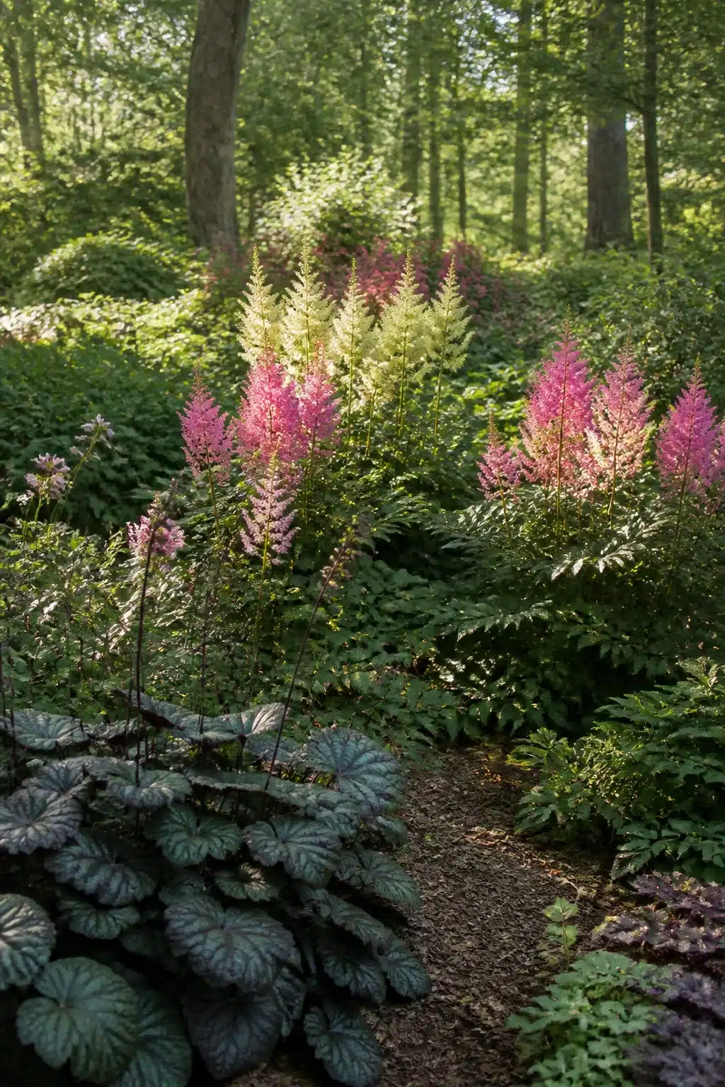 Pink and white astilbe plumes rising in a dappled shade woodland garden without ferns, with dark foliage at the base.