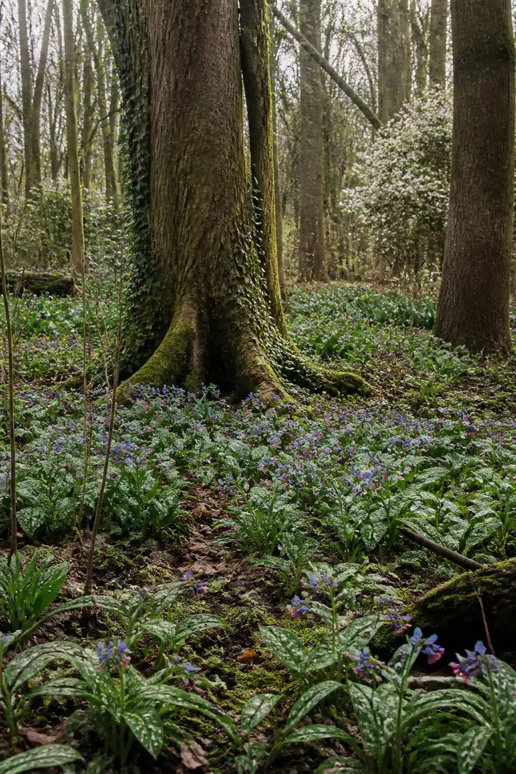 Lungwort carpet with blue spring flowers around mossy tree trunks in a woodland garden without ferns.