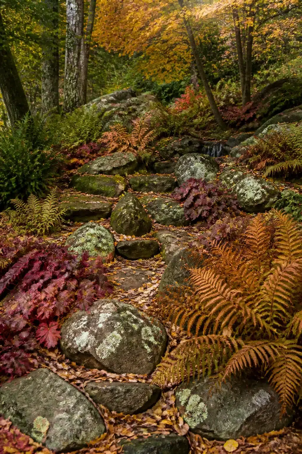Autumn ferns and burgundy heuchera growing among lichen-covered boulders in a woodland rockery garden