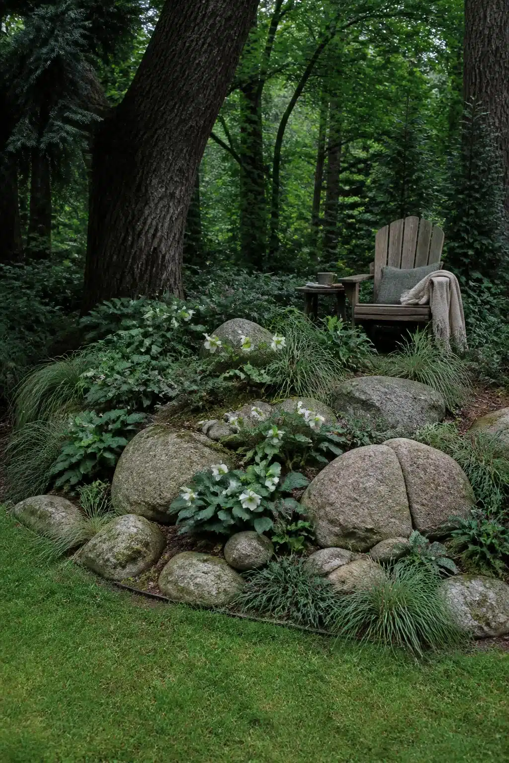 Rounded boulder rock island bed with white hellebores and ornamental grasses in a woodland rockery garden.