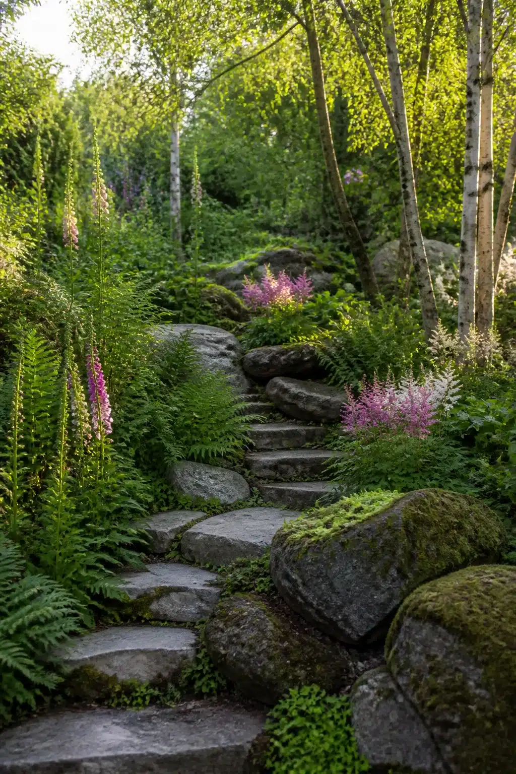 Flat stone steps winding through a lush woodland rockery garden with foxgloves, ferns, and birch trees.