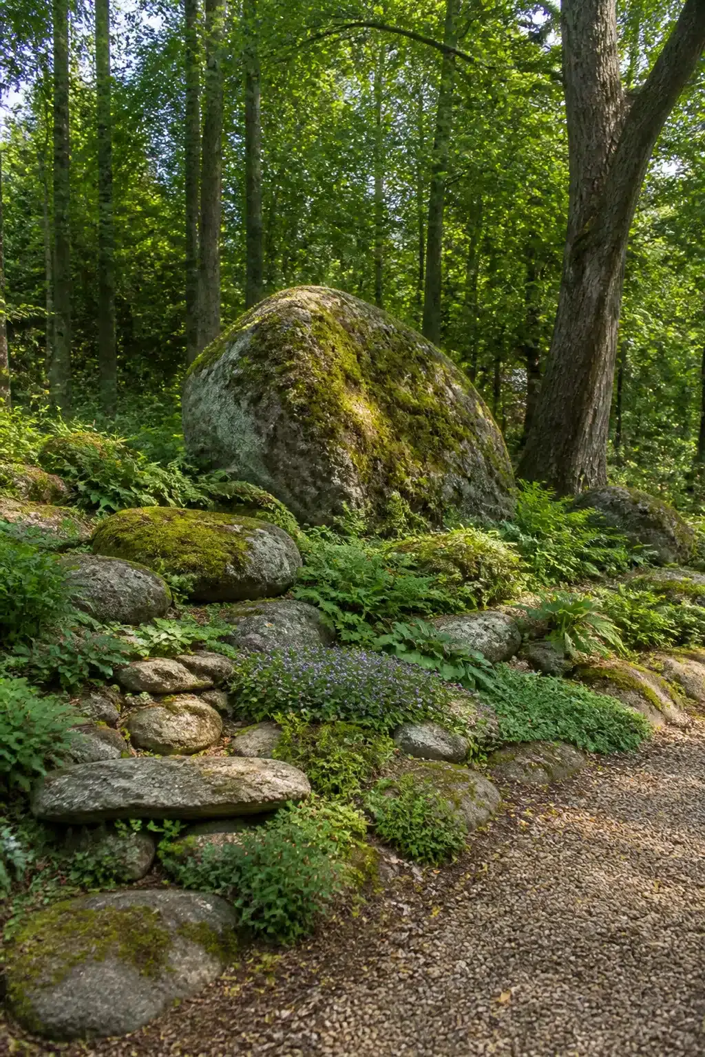 Single moss-topped boulder woodland rockery garden with gravel path and low groundcover plantings among natural stones.