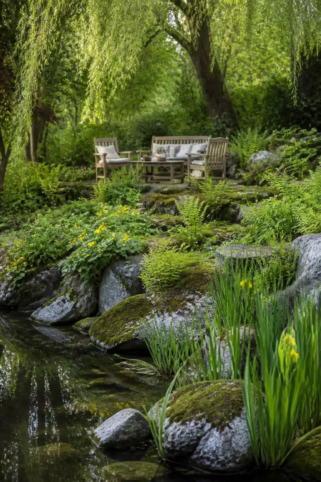 Mossy stream boulders and willow-shaded teak seating in a lush woodland rockery garden with iris plantings
