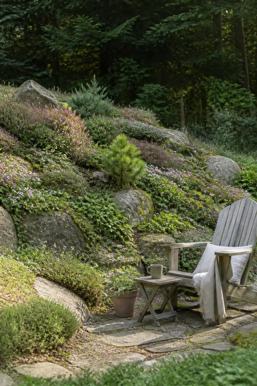 Heather-planted rocky bank with boulders and Adirondack chair in a woodland rockery garden