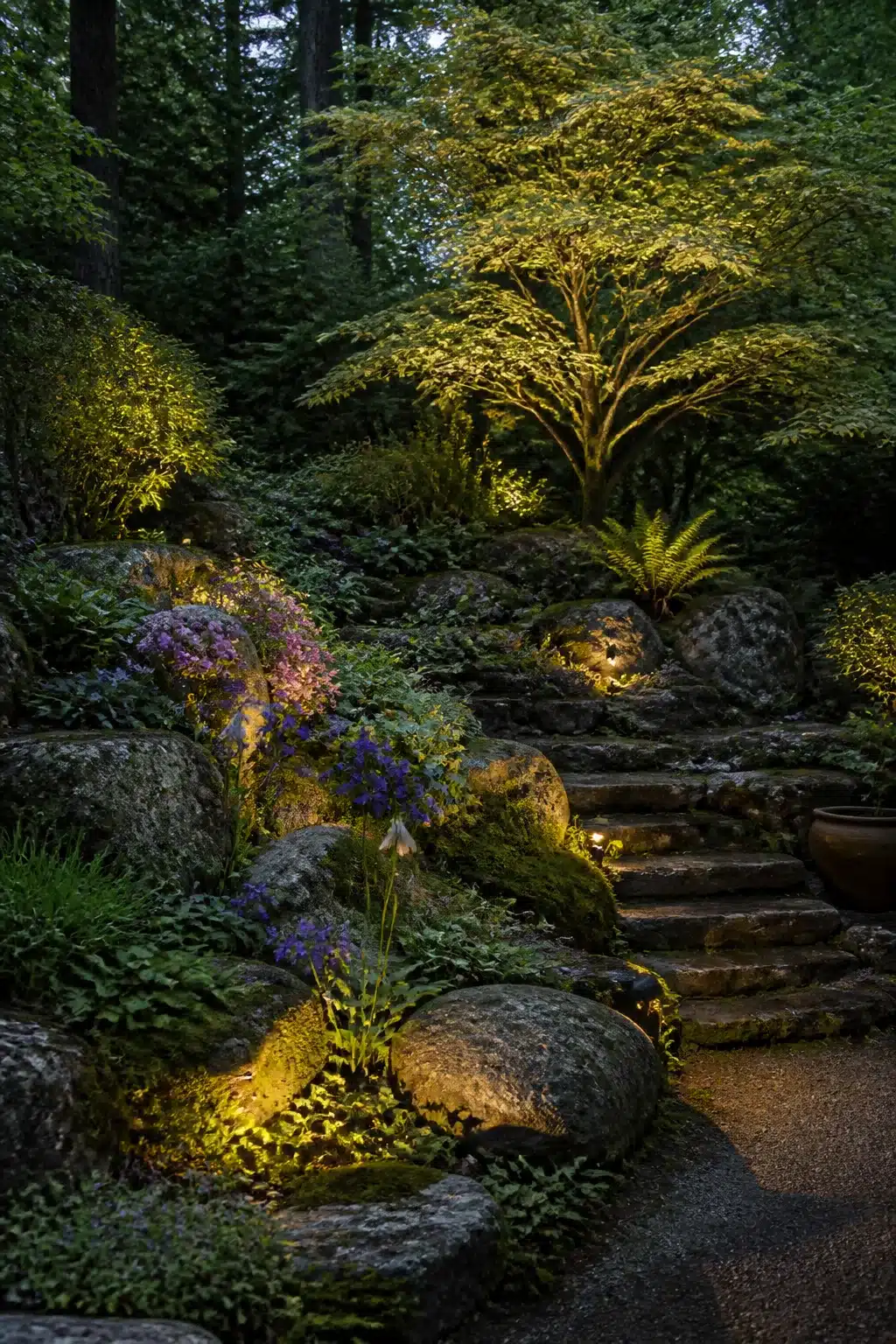 Uplighting on boulder rockery steps at dusk in a woodland rockery garden with Japanese maple glow