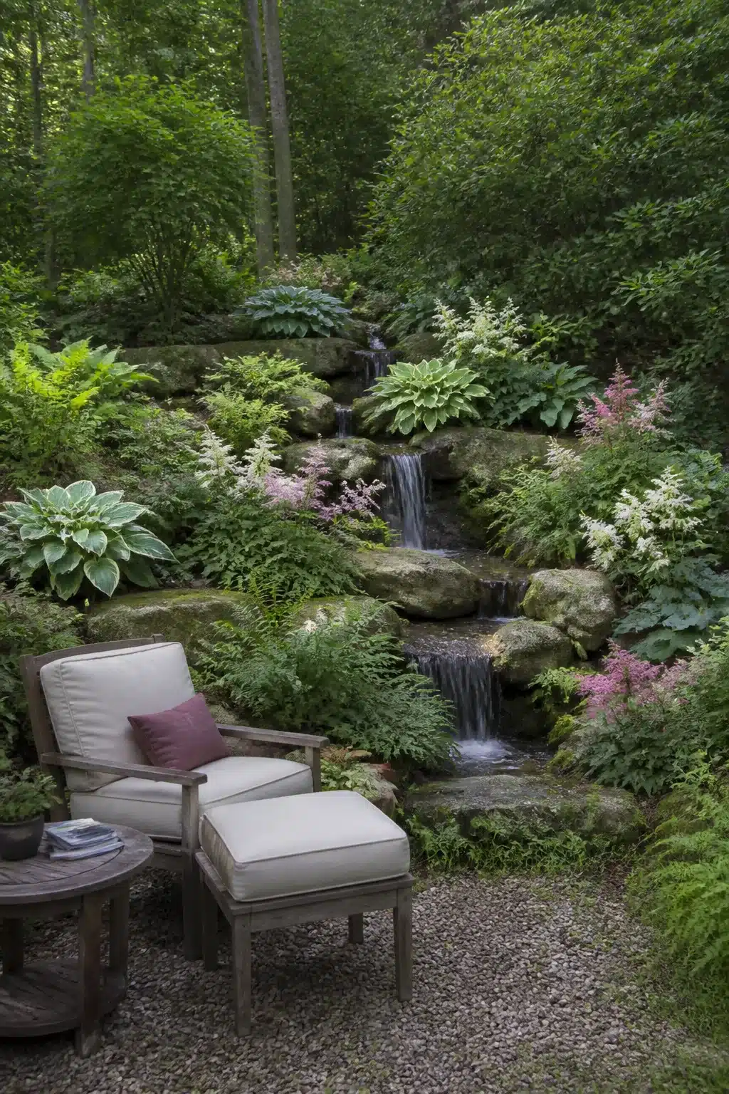 Tiered waterfall cascade with hostas and astilbe in a lush woodland rockery garden with gravel seating area.