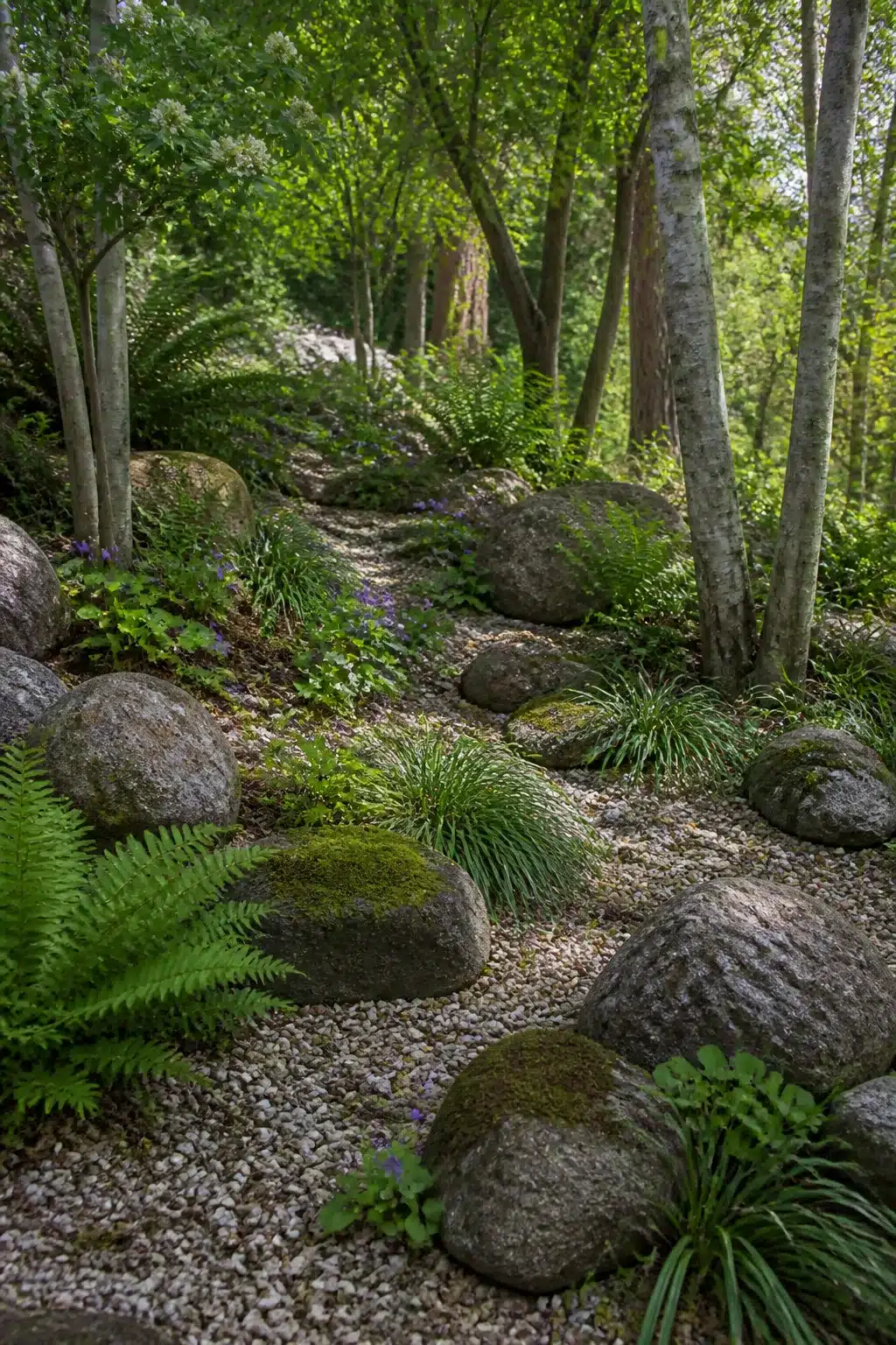 Gravel path winding through a woodland rockery garden with specimen boulders, ferns, and ornamental grasses