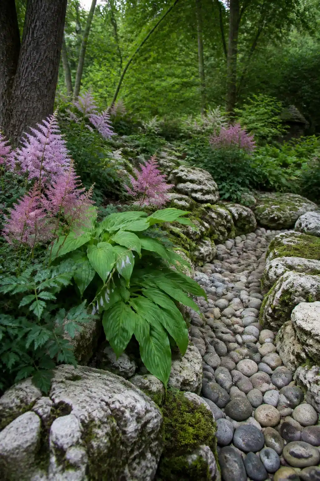 Dry stream pebble bed with mossy boulders and astilbe in a shaded woodland rockery garden