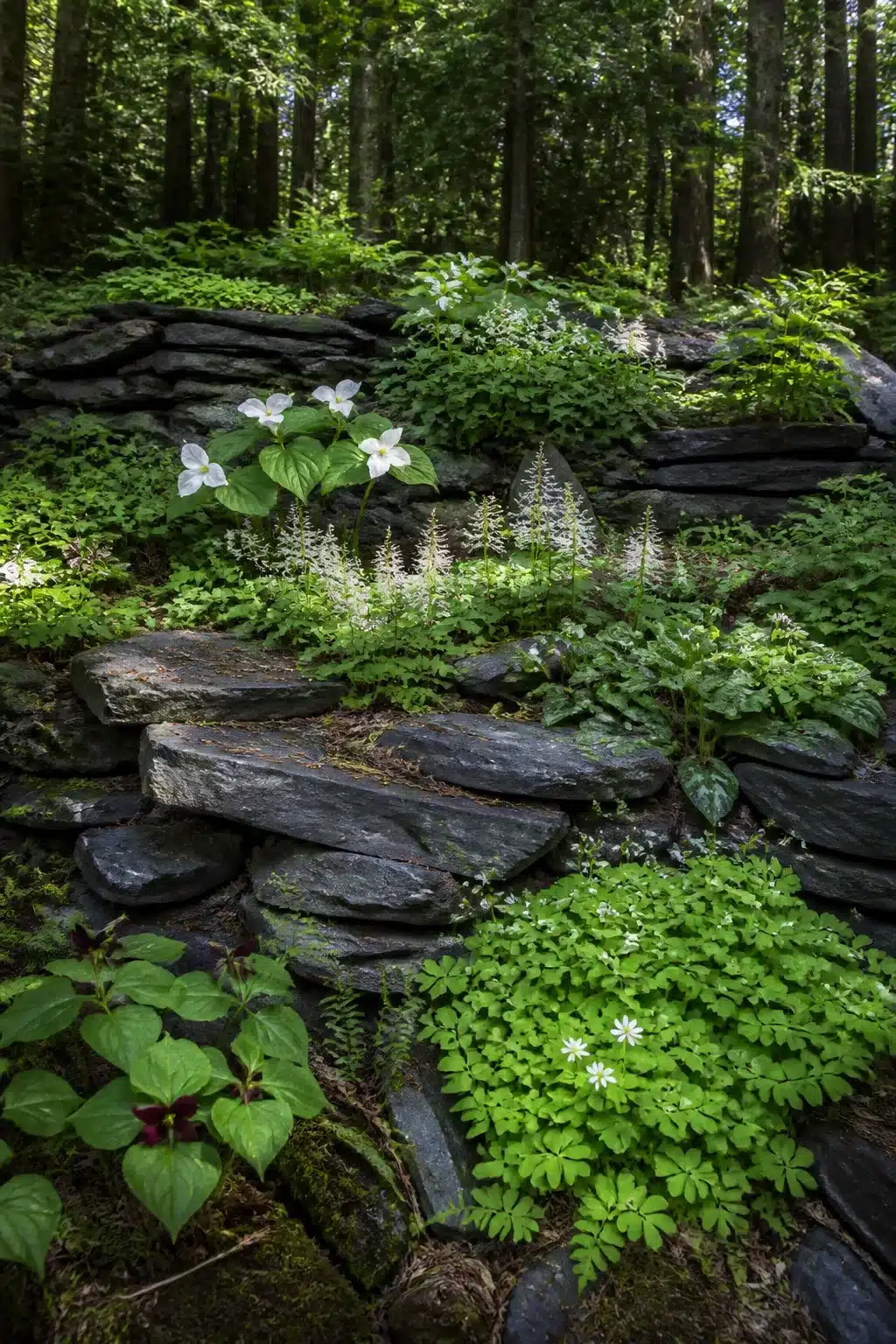 Tiered dark slate retaining walls with trilliums and astilbe in a shaded woodland rockery garden