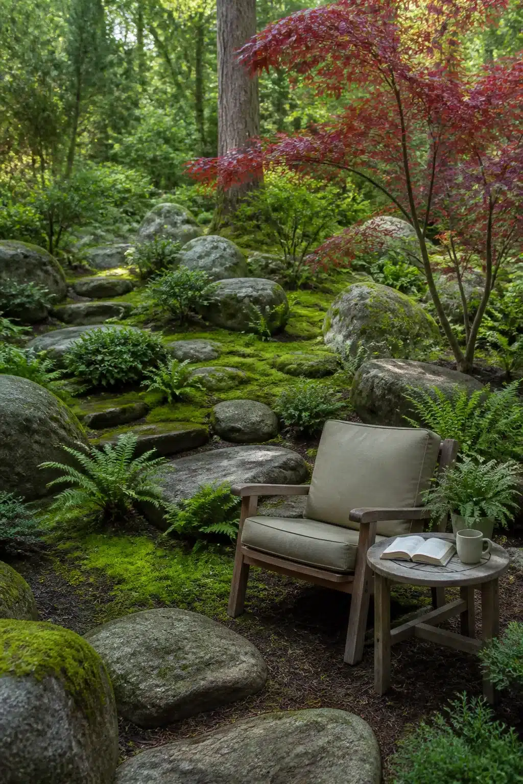 Red Japanese maple and moss-covered boulders in a woodland rockery garden with a teak reading chair
