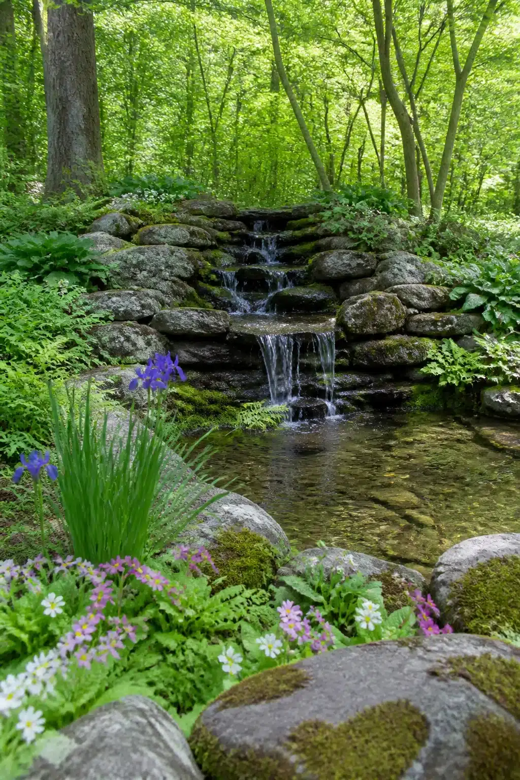 Stacked boulder waterfall with iris and primrose in a lush woodland rockery garden setting
