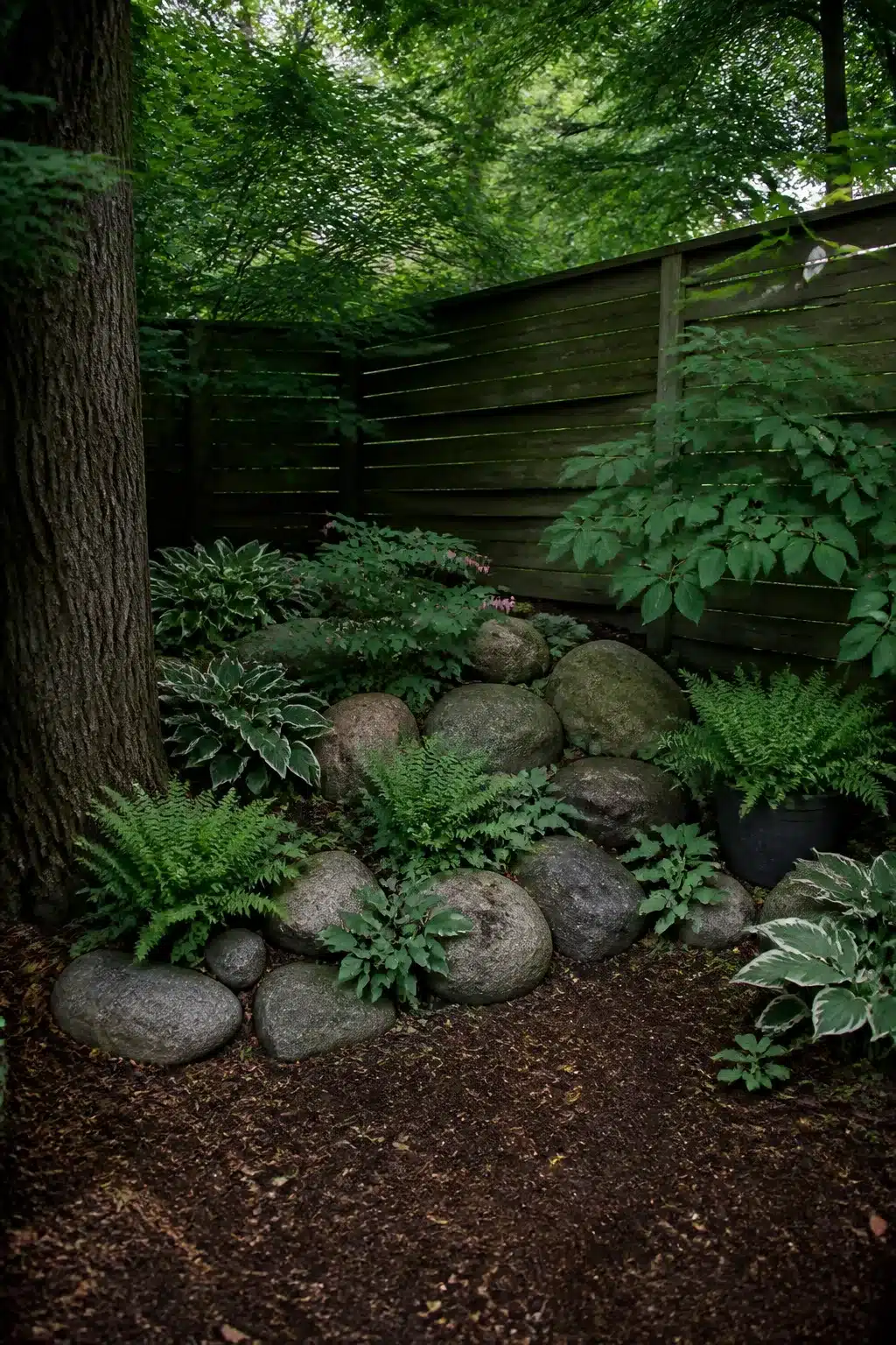 Shaded woodland rockery garden corner with round boulders, ferns, and hostas on dark bark mulch.