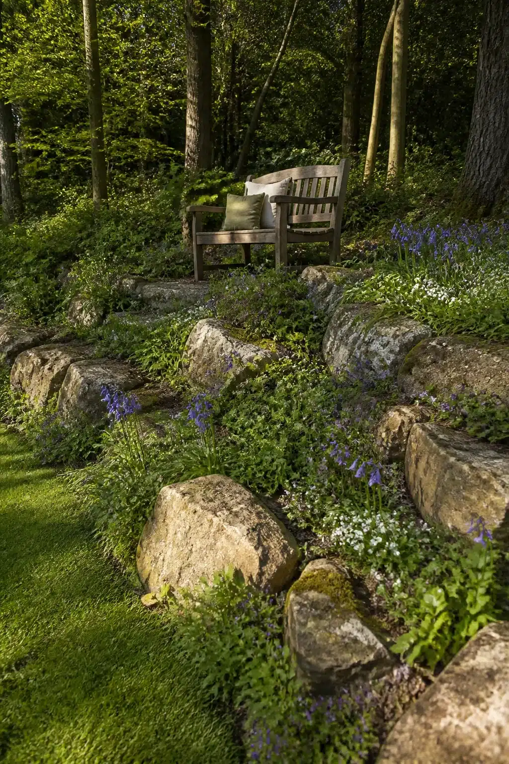 Bluebell wildflowers spilling through limestone boulders in a woodland rockery garden with a teak bench