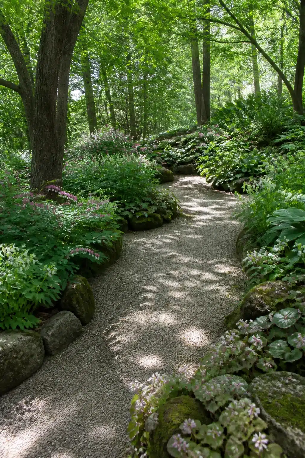 Gravel woodland shade garden path edged with mossy boulders and shade perennials under a dense tree canopy.