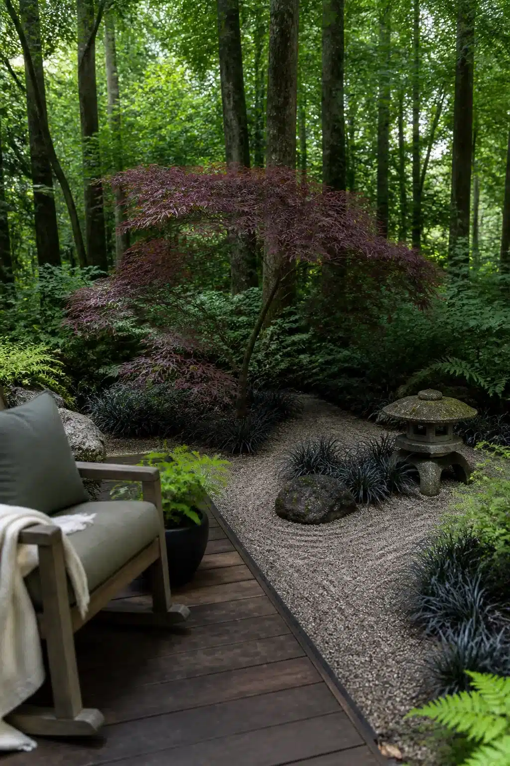 Japanese-influenced woodland shade garden with raked gravel, black mondo grass, stone lantern, and burgundy Japanese maple under dense tree canopy.