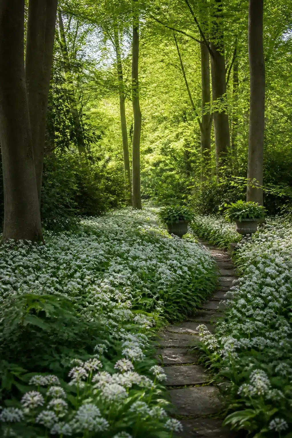Wild garlic white bloom carpet lining a stone path in a woodland shade garden with tall tree canopy overhead.