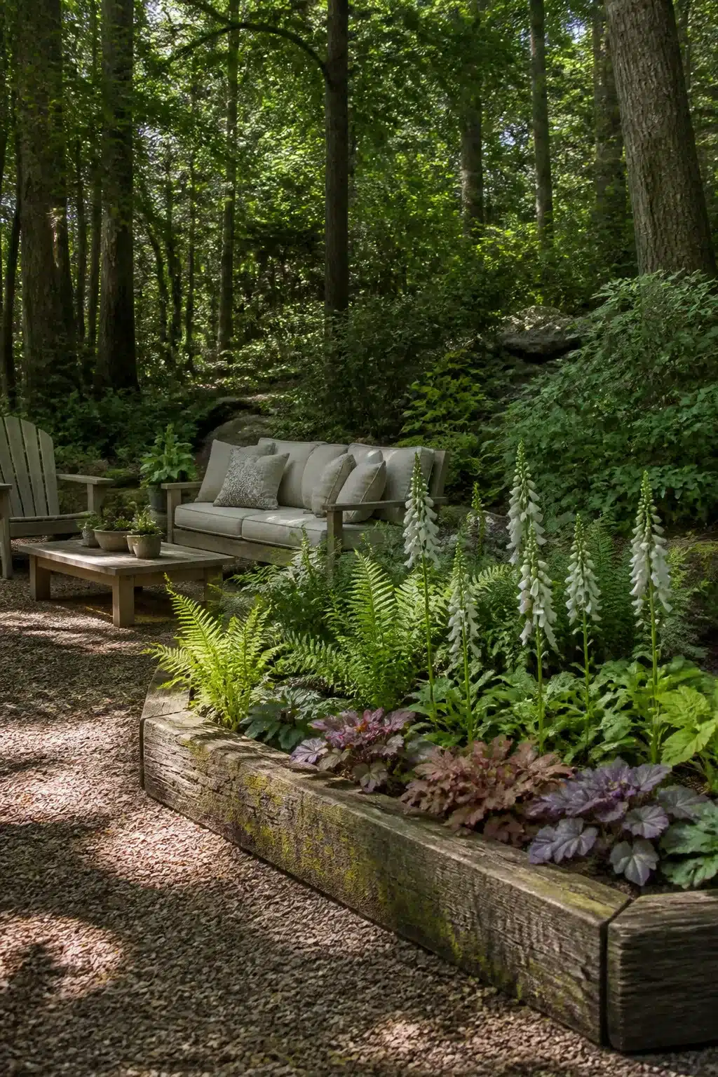 Timber raised bed with white foxglove and heuchera in a dappled woodland shade garden under dense tree canopy.