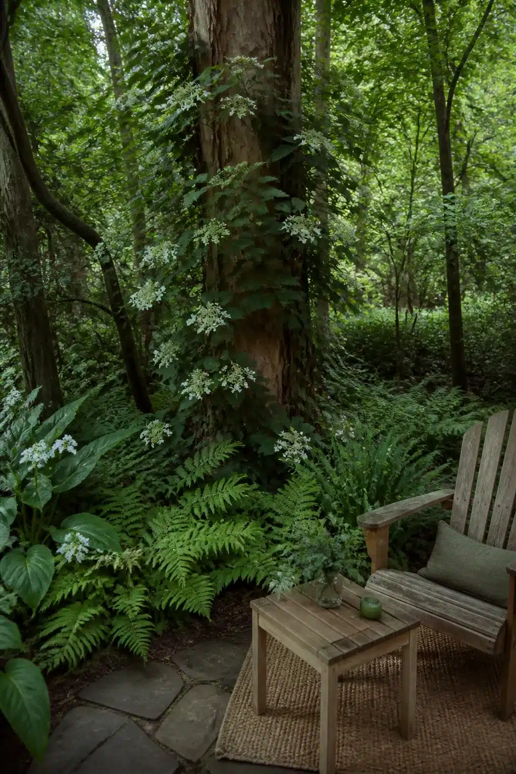 Climbing vine on tree trunk in a woodland shade garden with ferns, flagstone patio, and dense forest canopy.