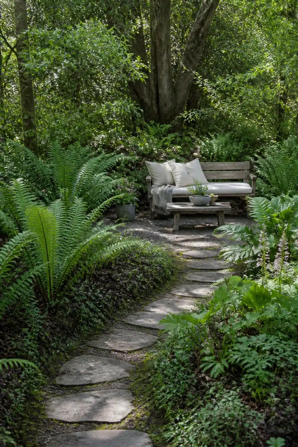 Flagstone path winding through fern-lined woodland shade garden with a rustic bench under dense tree canopy.