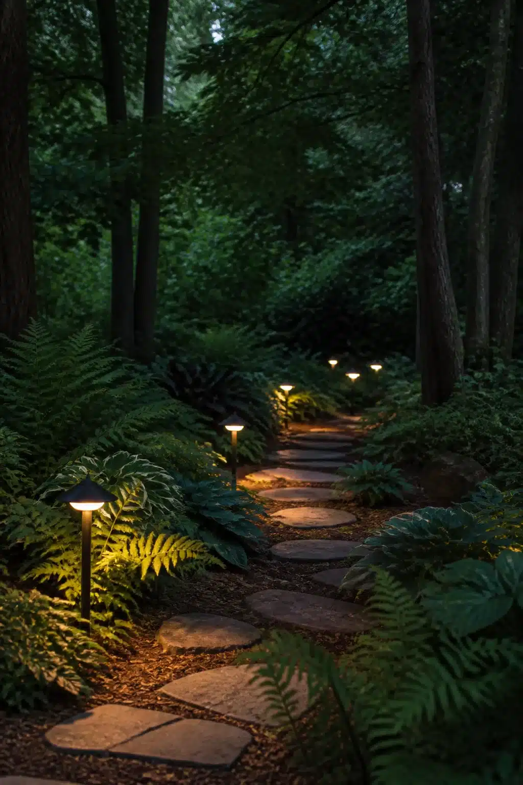 Low bollard lights lining a stepping stone path through a fern-filled woodland shade garden at night.