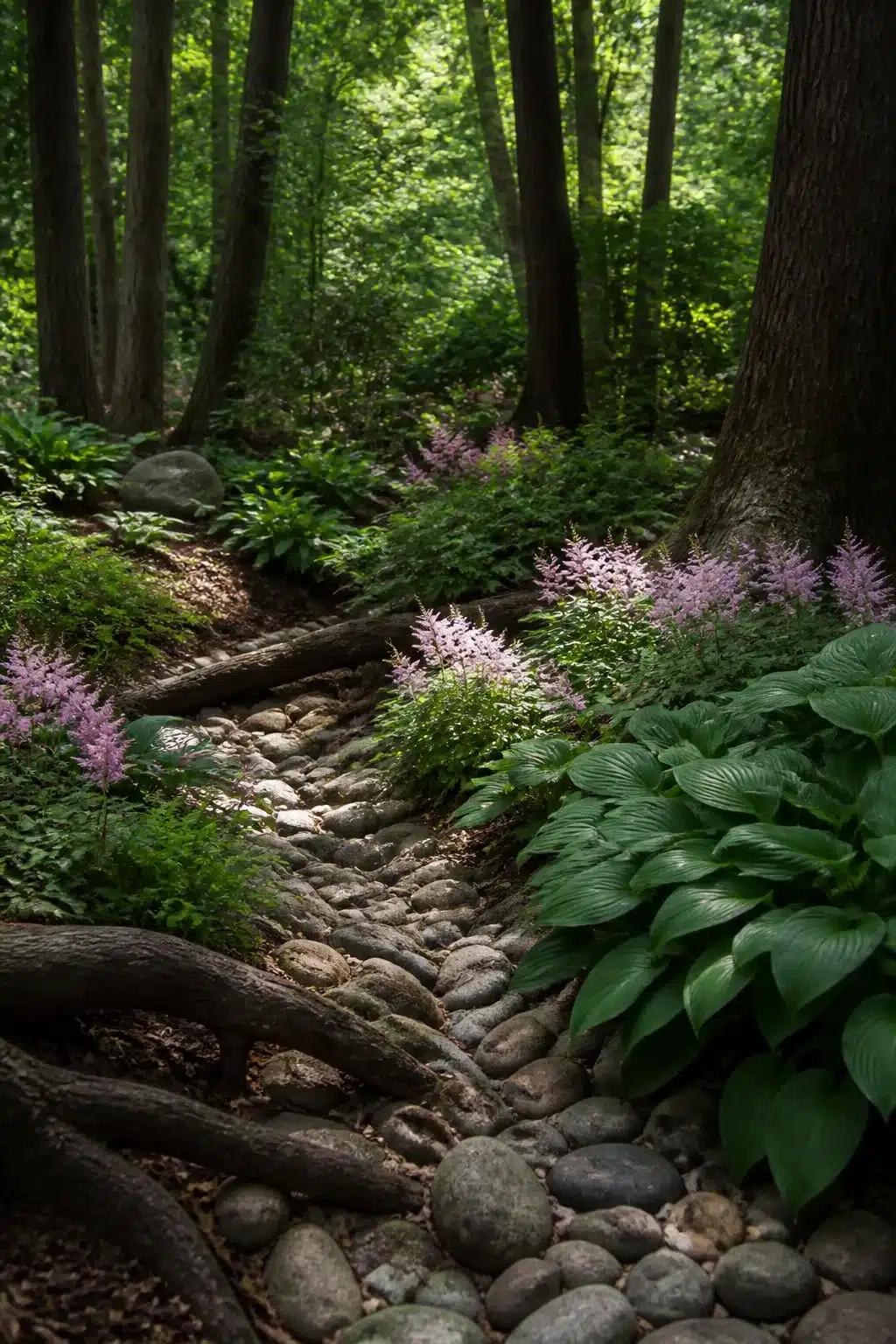 River rock dry creek bed with pink astilbe and hostas in a woodland shade garden under tall trees.
