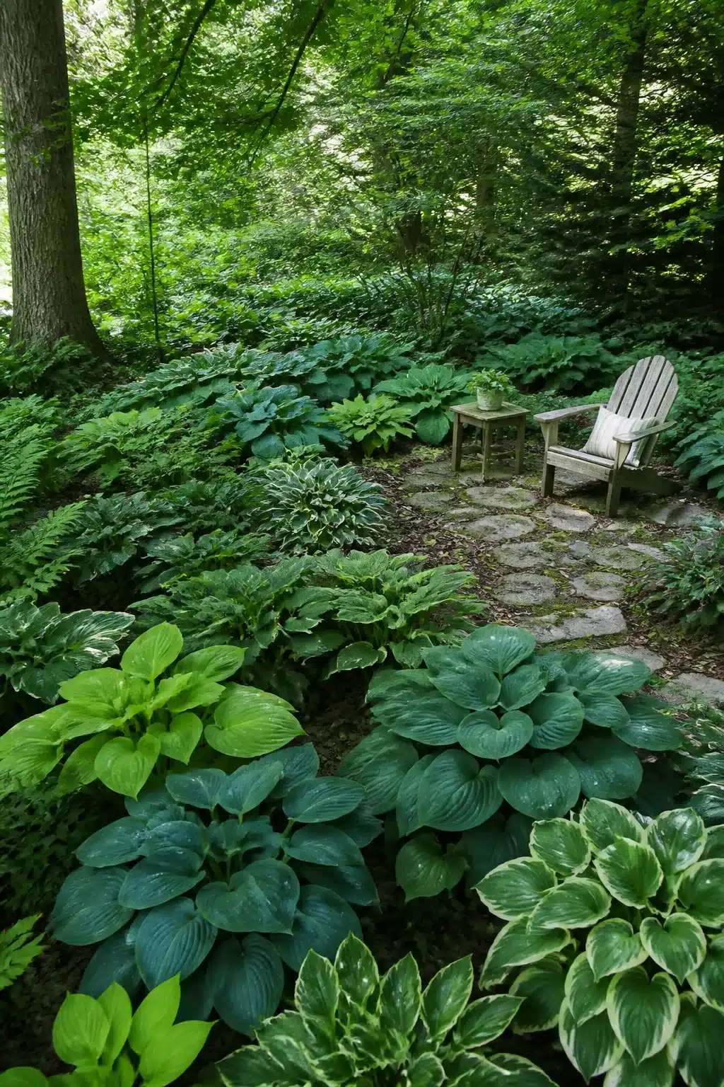 Mixed hosta varieties in layered tonal greens along a flagstone path in a woodland shade garden under tree canopy.