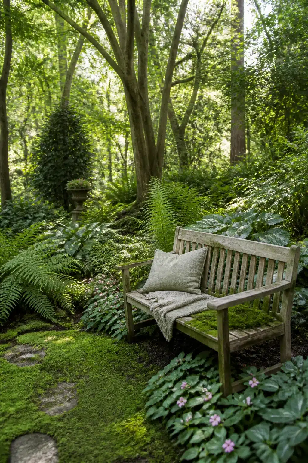 Weathered teak bench with linen throw in a lush woodland shade garden under dense tree canopy with ferns and moss.