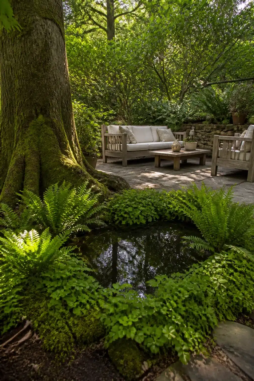 Still woodland shade garden pond framed by ferns and moss beside a stone patio with teak seating under a dense tree canopy.