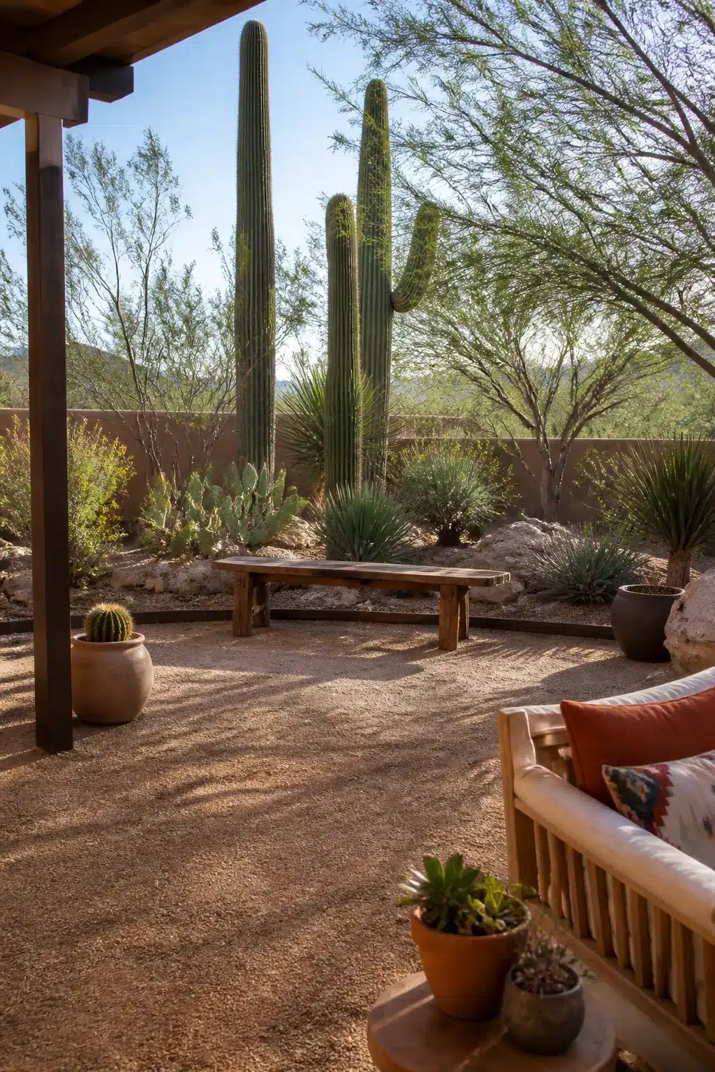 Arizona backyard landscaping idea with decomposed granite patio, saguaro cacti, and desert plants behind adobe wall.