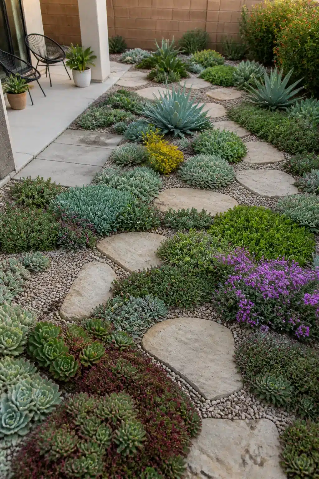 Stepping stone path through succulent ground cover — Arizona backyard landscaping ideas for drought-tolerant yards