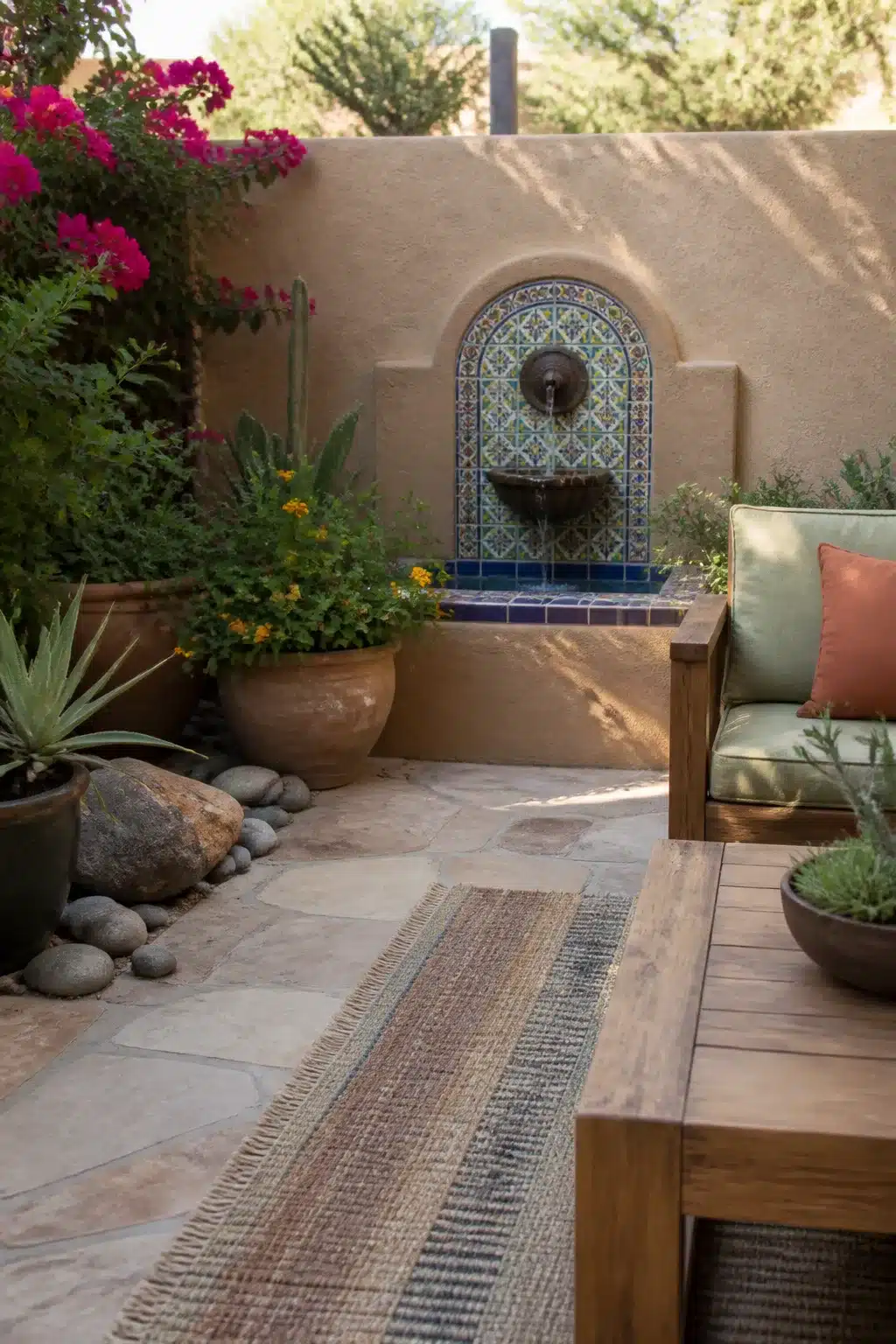 Arizona backyard landscaping idea with Talavera tile wall fountain, adobe stucco, flagstone pavers and drought-tolerant plants