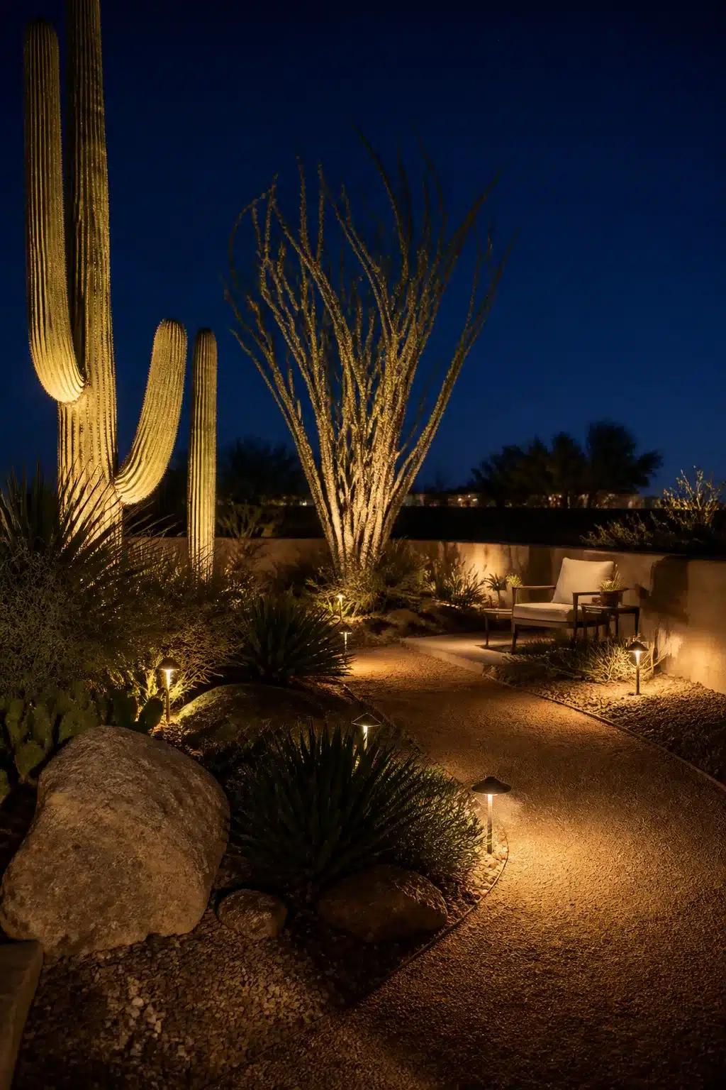 Arizona backyard landscaping ideas with uplighting on saguaro and ocotillo in a drought-tolerant desert garden at night