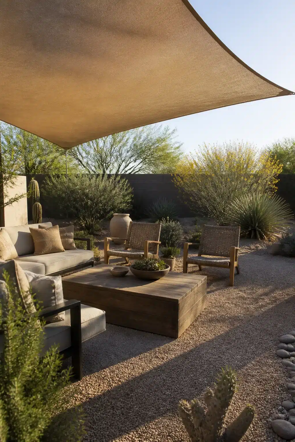 Sand sail shade over gravel lounge area — Arizona backyard landscaping ideas with drought-tolerant desert planting