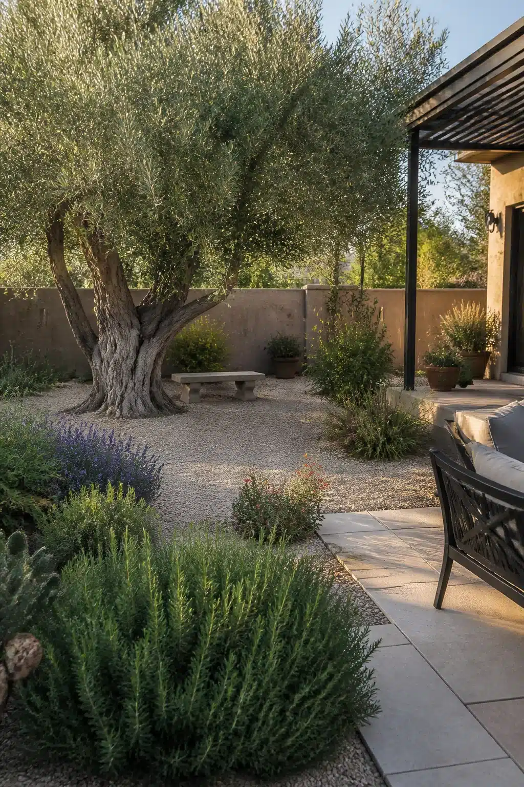 Ancient olive tree with gravel courtyard and drought-tolerant herbs — Arizona backyard landscaping ideas