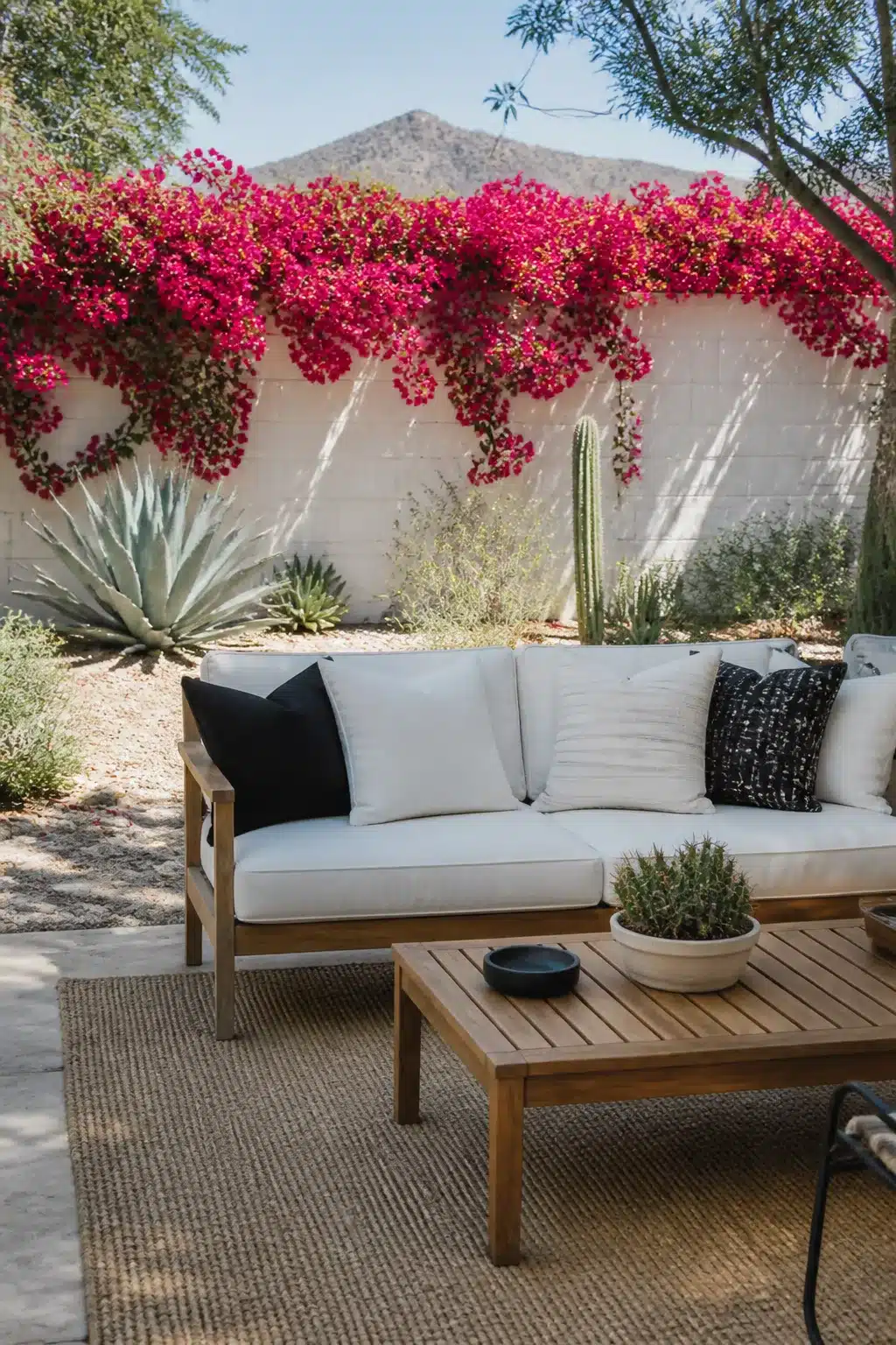 Arizona backyard landscaping idea with magenta bougainvillea on white block wall, teak outdoor sofa, agave and cactus