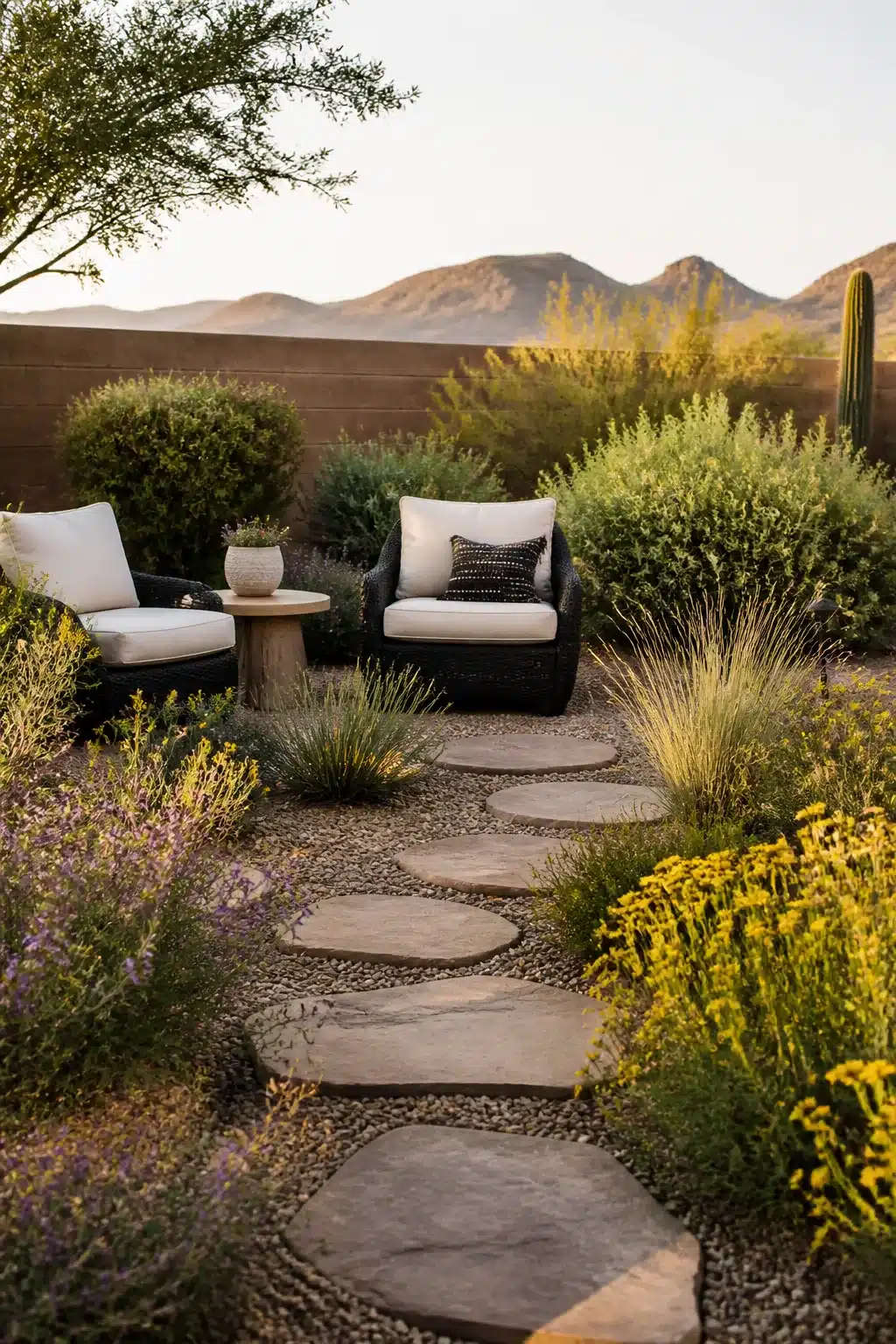 Arizona backyard landscaping ideas with flagstone path, yellow wildflowers, and wicker seating in a desert garden