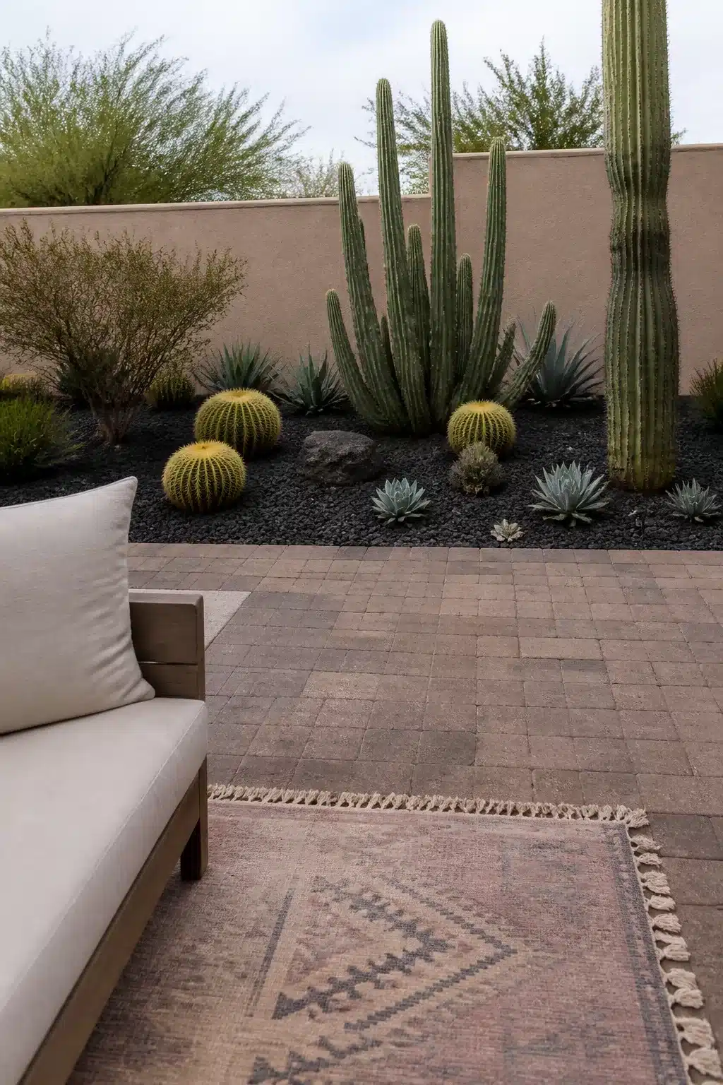 Arizona backyard landscaping ideas with black lava rock, barrel cacti, saguaros, and agave against a stucco wall