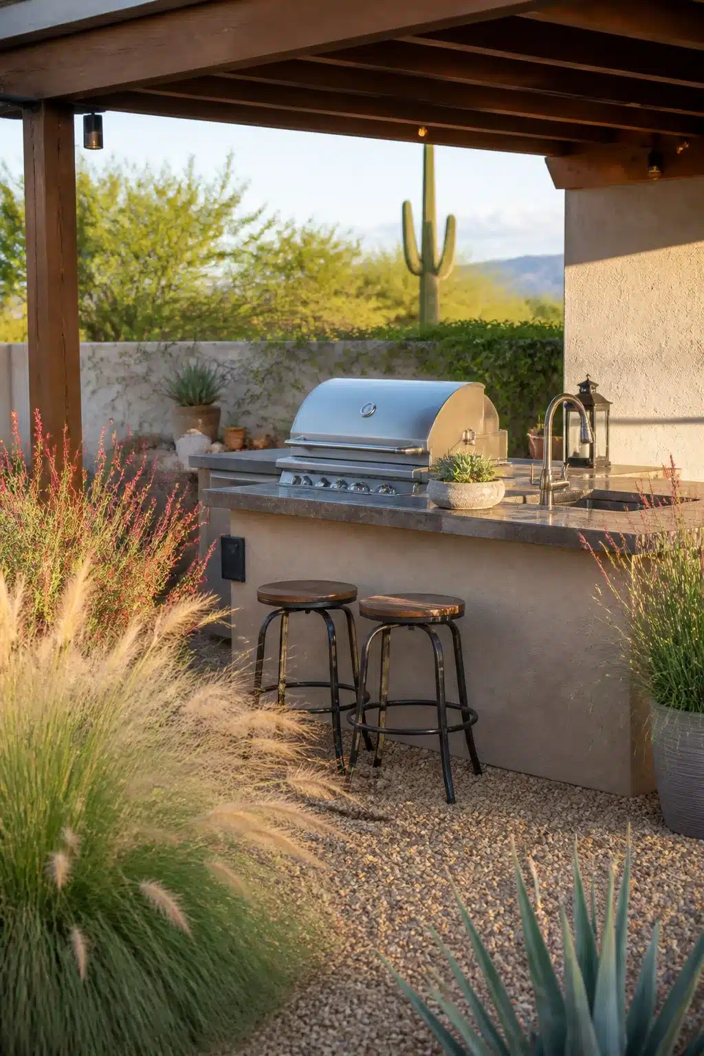Stucco outdoor kitchen with gravel floor and desert grasses — Arizona Backyard Landscaping Ideas