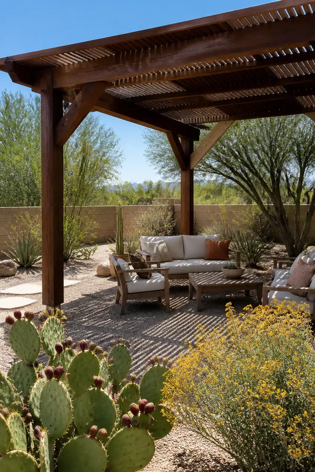 Dark wood ramada with gravel floor and desert plants — Arizona backyard landscaping ideas for a shaded seating area