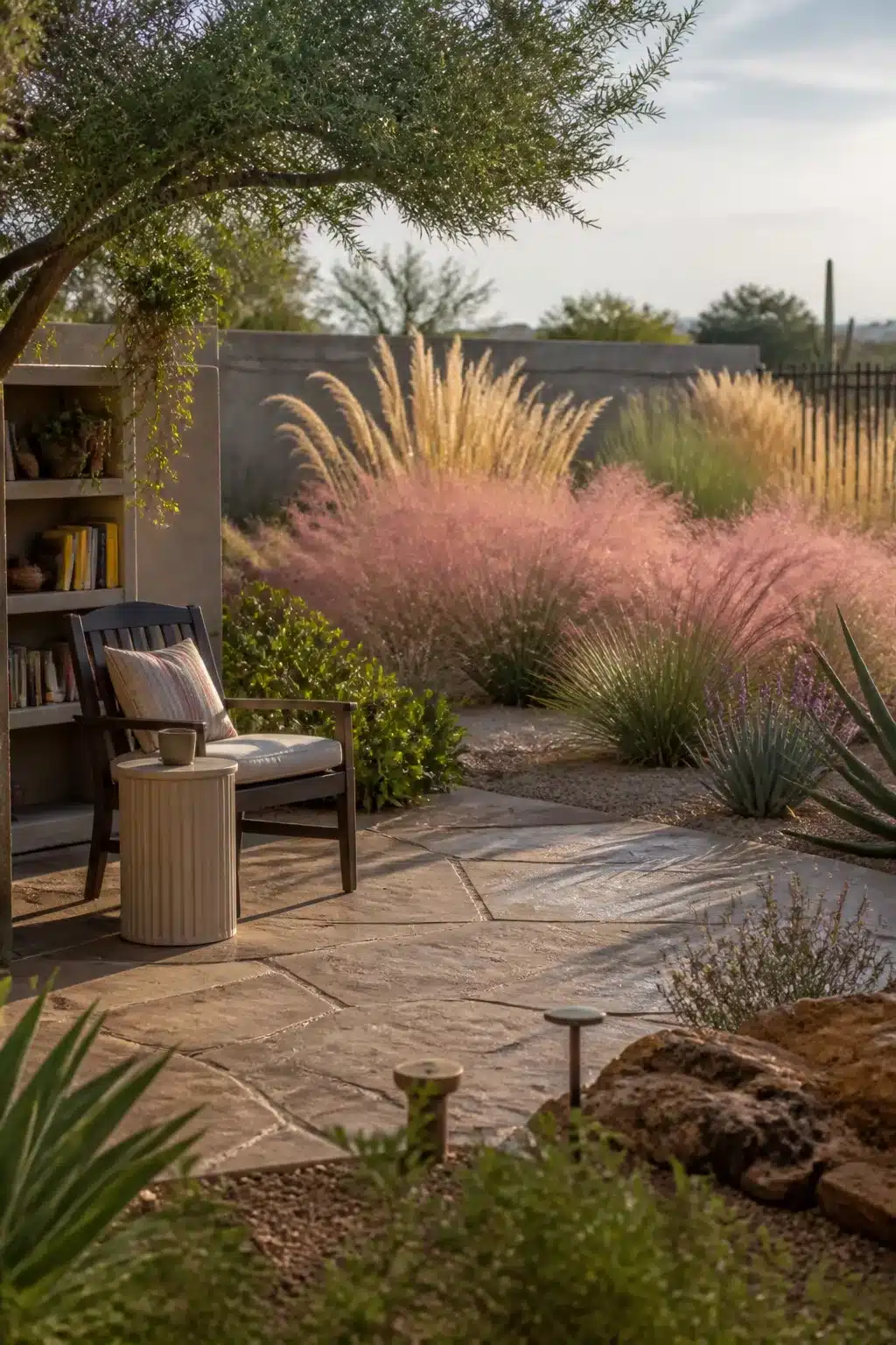 Pink muhly grass and flagstone patio — Arizona backyard landscaping ideas with drought-tolerant plants and gravel