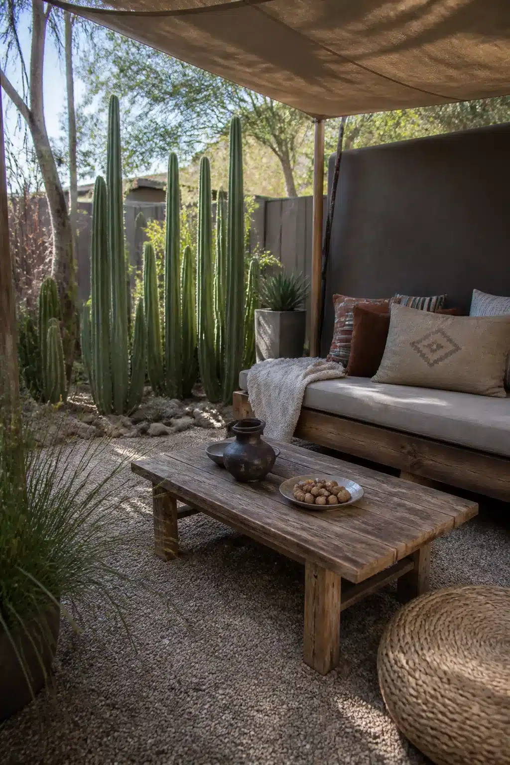 Arizona backyard landscaping idea with canvas sail shade, reclaimed wood daybed, and tall column cactus screen