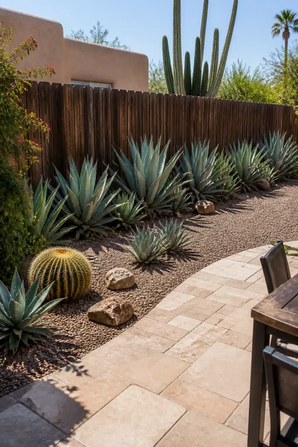 Arizona backyard landscaping ideas with blue agave border, barrel cactus, gravel, and travertine pavers along wood fence.