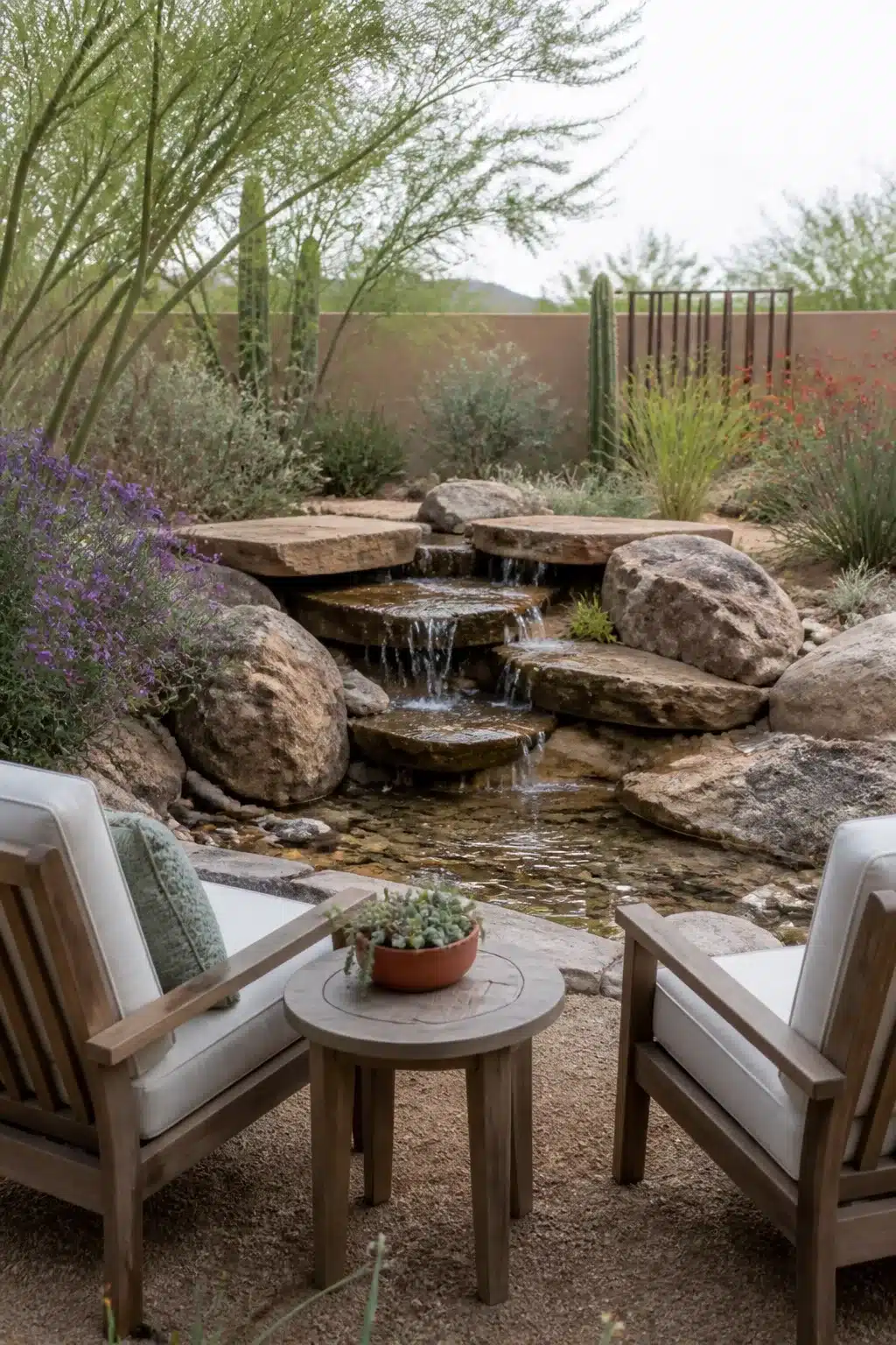 Arizona backyard landscaping idea with stacked boulder waterfall, desert plants, and teak seating