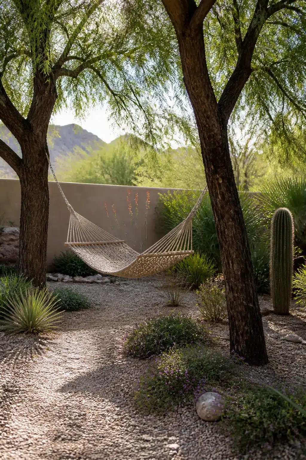 Woven hammock strung between desert trees in an Arizona backyard landscaping idea with gravel and drought-tolerant plants