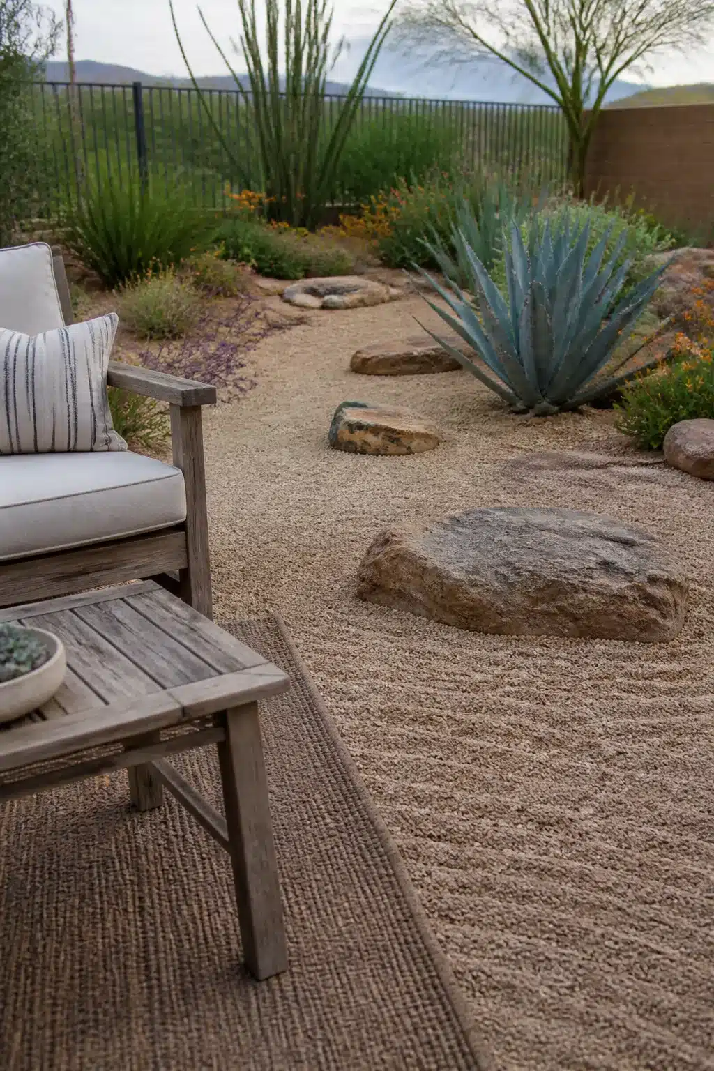 Raked gravel and blue agave boulderscape — Arizona backyard landscaping ideas with drought-tolerant desert plants